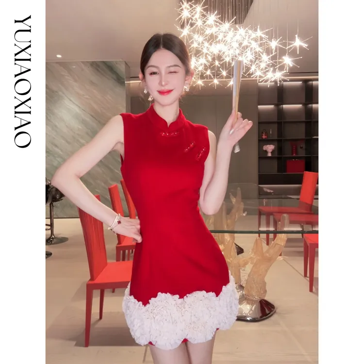 余潇潇【延禧风华】绵羊毛混纺中式立领拼接褶皱花边短款旗袍连衣裙