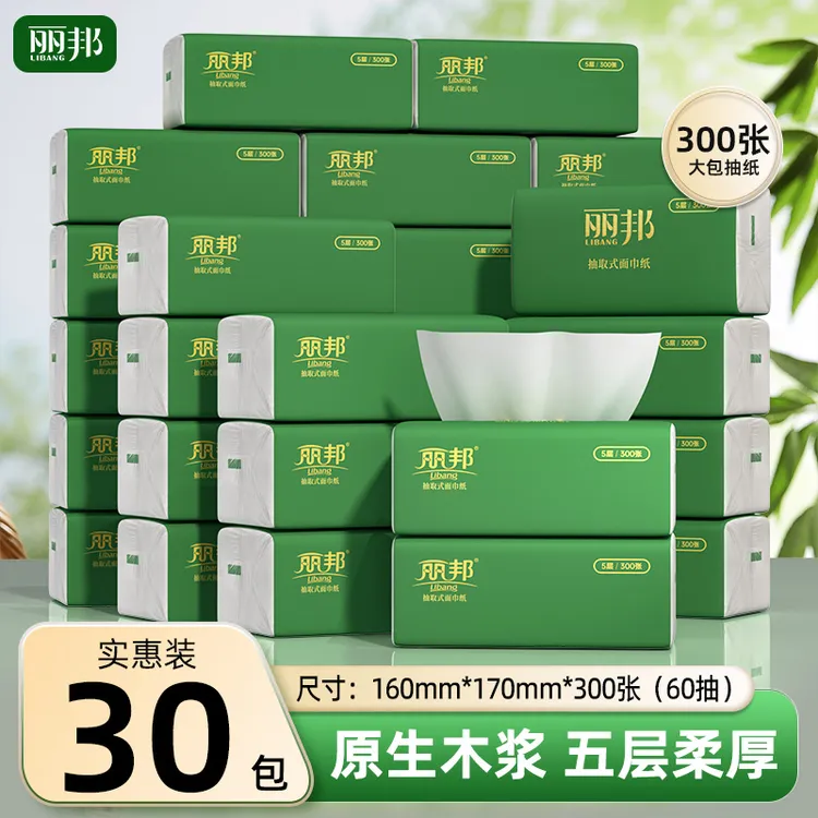 【摩氏臻选】丽邦5层柔软抽纸300张30大包家用便携纸巾干湿两用纸