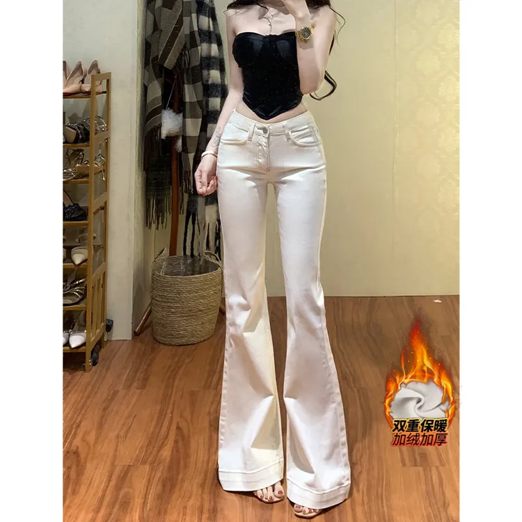 加绒韩女气质白色微喇牛仔裤女2025冬季新款基础款中低腰显瘦裤