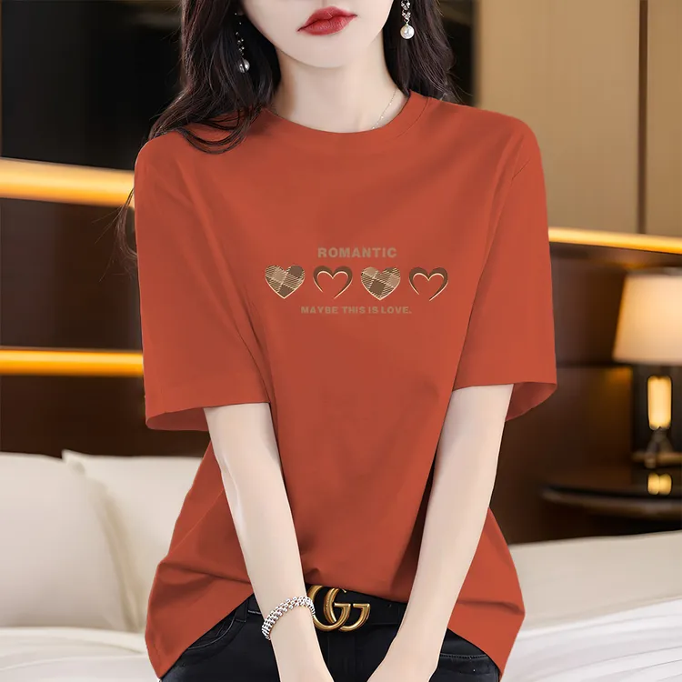 爆款纯棉橘红色短袖T恤女2025夏季时尚宽松显瘦慵懒风气质体恤衫
