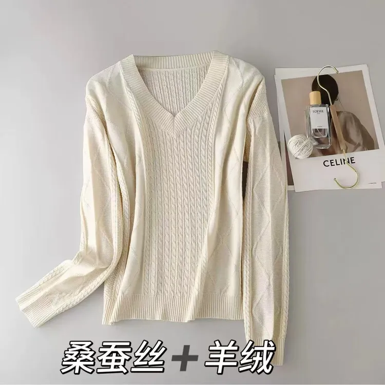 秋冬真丝羊绒长袖针织衫女 提花工艺经典百搭桑蚕丝舒适保暖上衣
