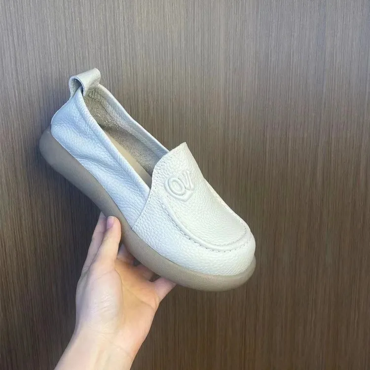 真软皮小白女单鞋豆豆鞋平底妈妈鞋春季休闲鞋四季软底一脚蹬皮鞋