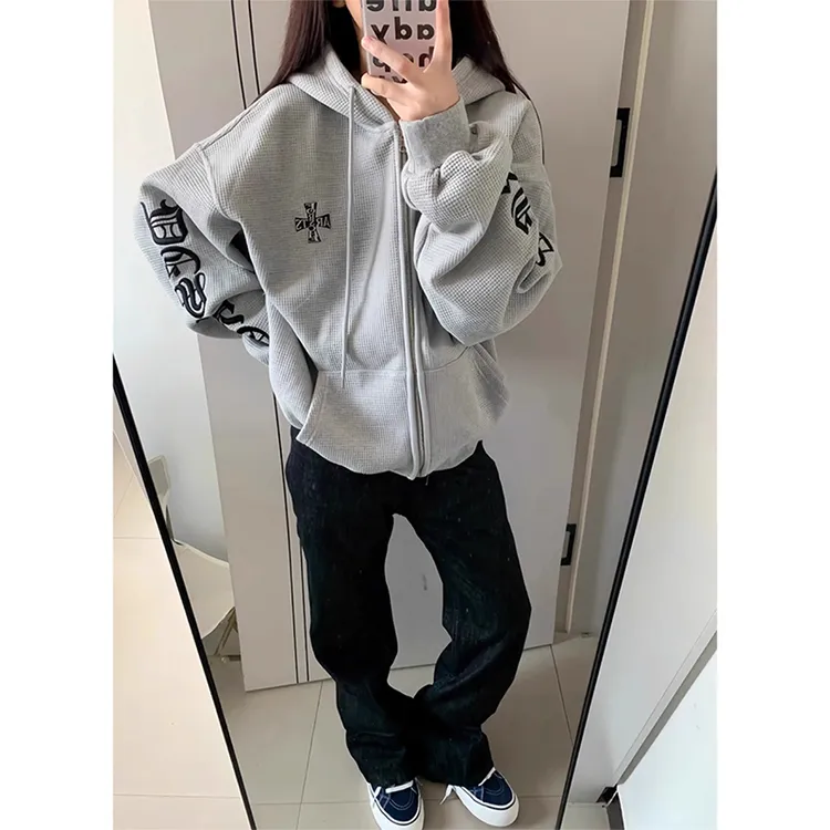 克罗心十字架刺绣卫衣男女款秋春美式高街拉链开衫华夫格连帽外套