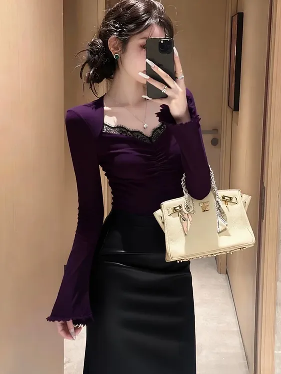 法式甜辣妹修身蕾丝拼接打底衫T恤女秋冬新款内搭设计感气质上衣