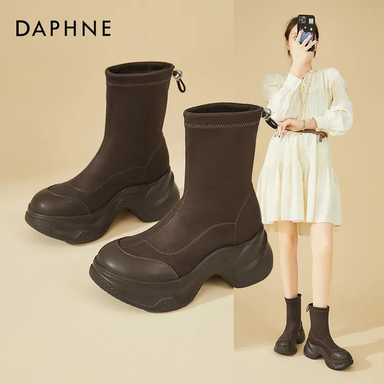 Daphne/达芙妮厚底拼接马丁靴女百搭大头靴时尚瘦瘦靴加绒小短靴