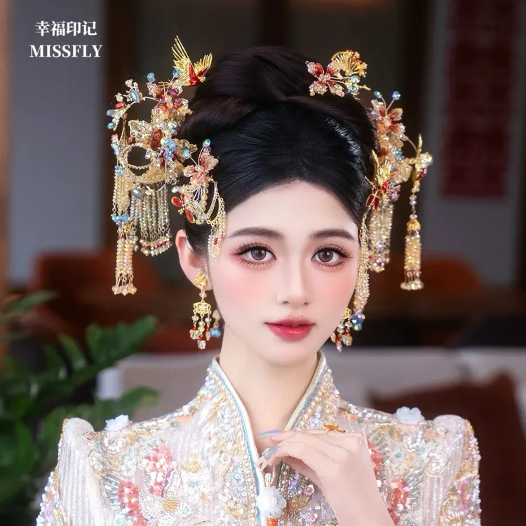 新娘新中式浅色水凝胶花朵头饰粉金色秀禾服旗袍晨发饰古风减龄