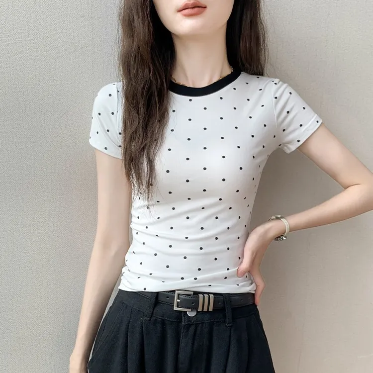 圆领波点印花短袖T恤女2025夏季新款时尚百搭修身别致上衣