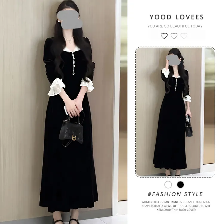 法式宫廷风蕾丝撞色连衣裙女2025春秋新款设计感简约减龄休闲长裙