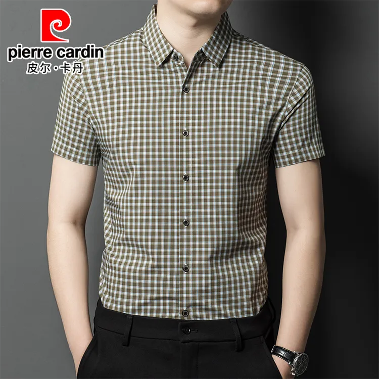 皮尔卡丹男士格子衬衫男短袖夏季薄款时尚休闲百搭格纹潮流衬衣男