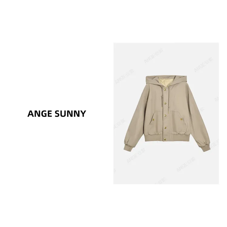 ANGE SUNNY【凯旋门羊皮标棉服】连帽金扣抽绳拉链长袖外套