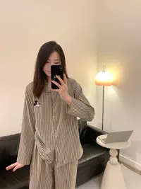 【条纹米奇】韩版ins简约条纹米奇刺绣长袖秋季女款透气家居服套装