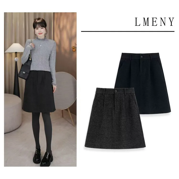藏肉花苞裙毛呢半身裙女2025秋冬新款高腰A字短裙韩版及膝秋冬裙