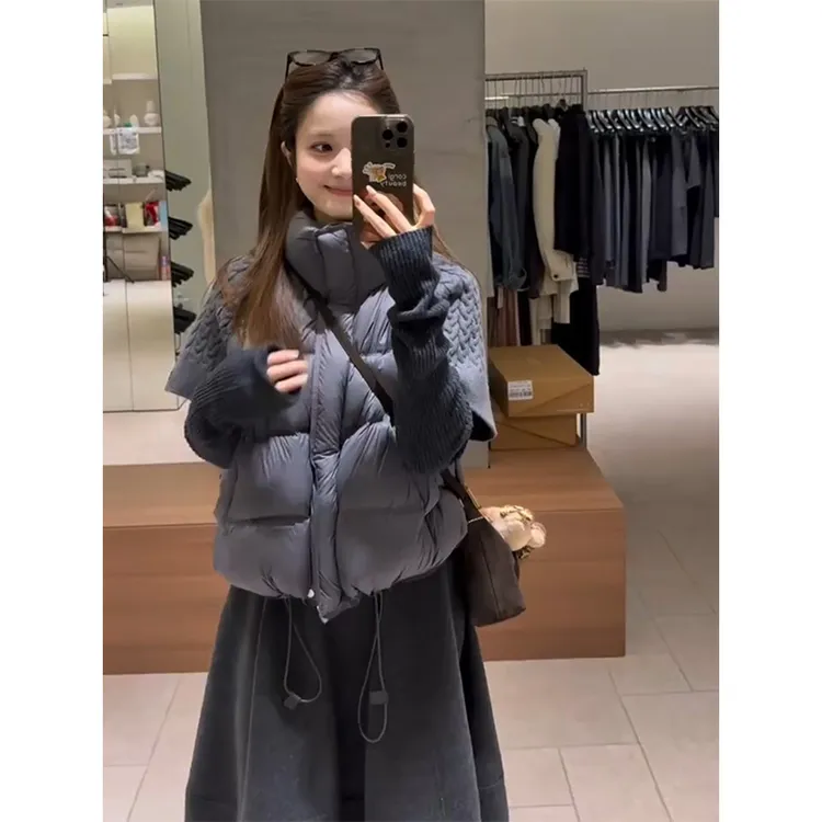 parkyeon秋冬新款韩系设计感立领棉服外套上衣高腰A字半身裙套装