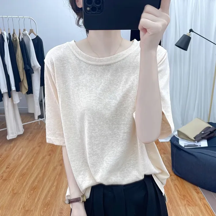 欧货雪花棉短袖T恤女夏季新款韩版圆领宽松薄款透气亚麻复古上衣