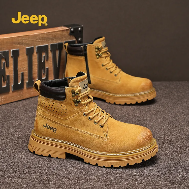 JEEP吉普马丁靴男户外冬季真皮高帮工装靴潮流时尚加绒男士大黄靴