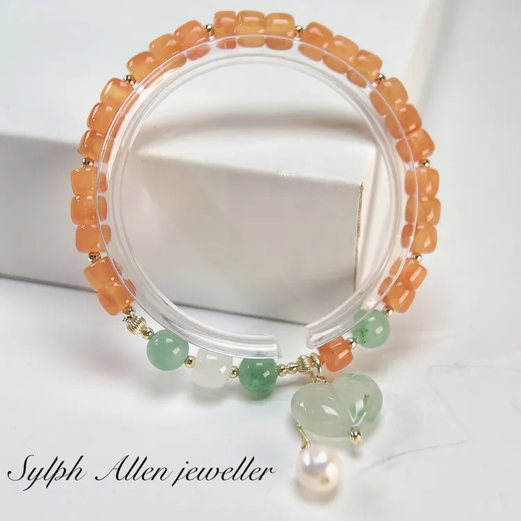 天然冰红南红非洲翠爱心手链