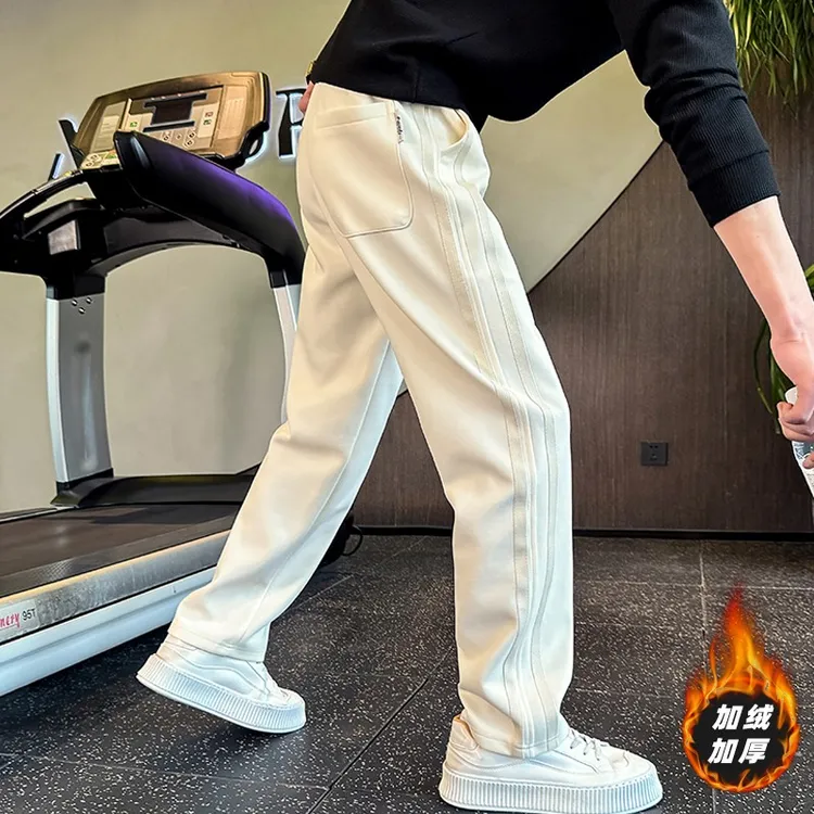 高级感痞帅条纹卫裤男士秋冬季新款裤子冬款加绒宽松直筒休闲裤男
