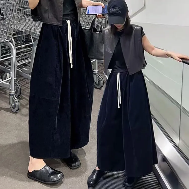 韩系简约松紧腰灯芯绒八分裤女秋季宽松复古灯笼裤百搭抽绳阔腿裤