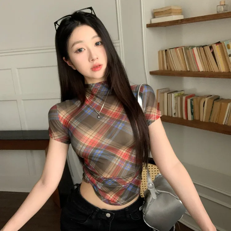 欧若风复古格子短袖正肩T恤女夏季网纱微透甜辣妹褶皱紧身上衣
