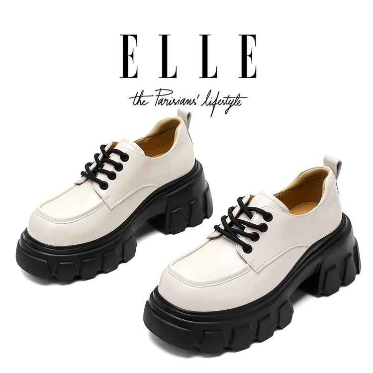 ELLE增高小皮鞋女2025新款厚底松糕鞋粗高跟乐福鞋小个子系带单鞋