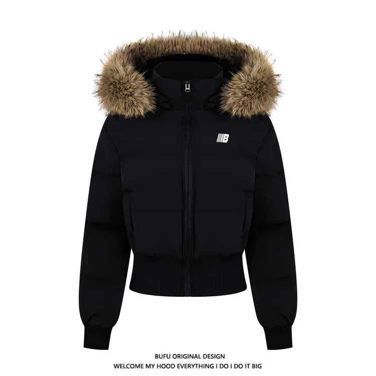 亿万少年BUFU冬季短款毛领连帽棉服收腰显瘦高级感棉衣座山雕外套