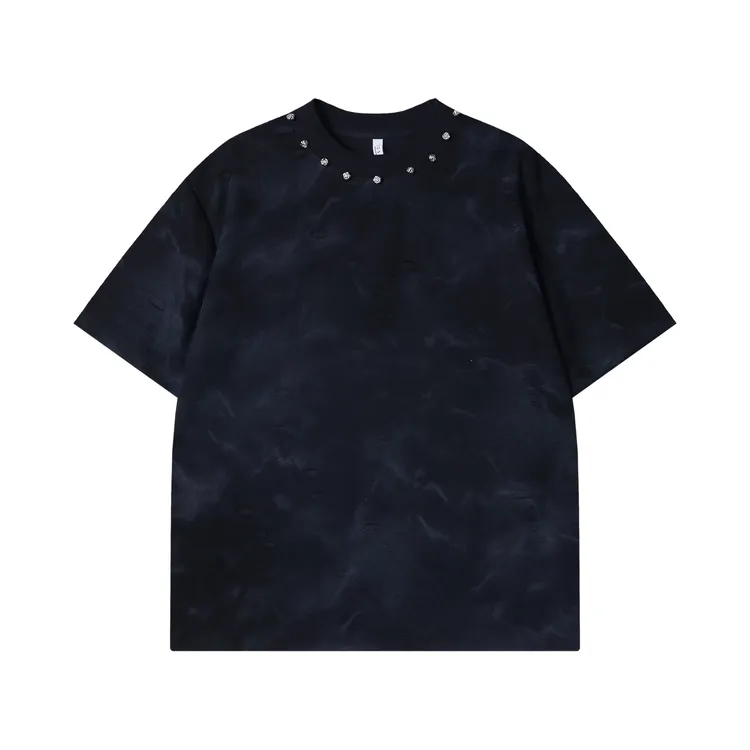 夏季高级感新款美式领口玫瑰立体装饰短袖T恤破洞痞帅百搭上衣