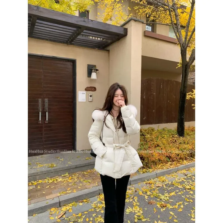 【花花】初雪恋人~白月光可拆卸真狐狸毛领温柔百搭连帽收腰羽绒服