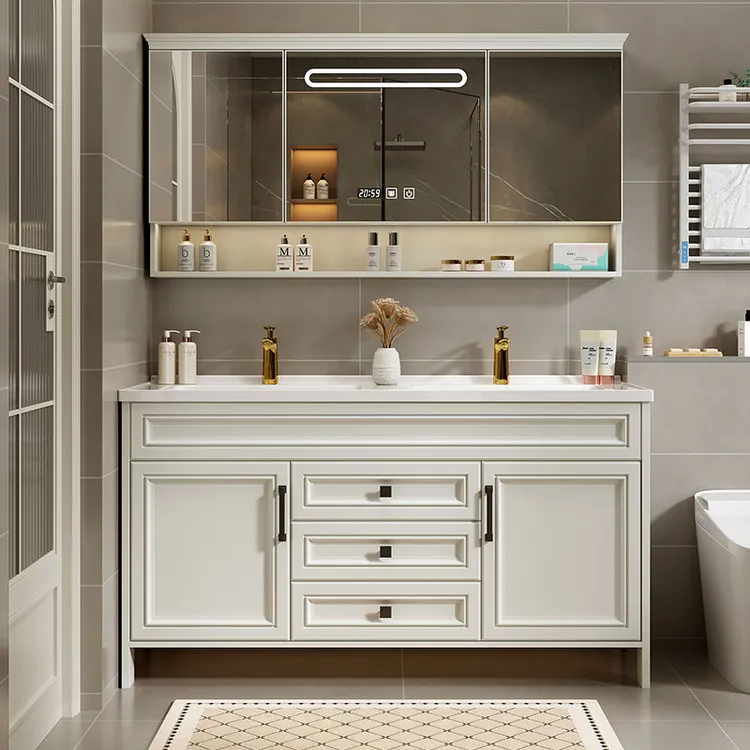 美式智能铝合金双盆浴室柜组合卫生间落地洗手洗脸一体陶瓷洗漱台