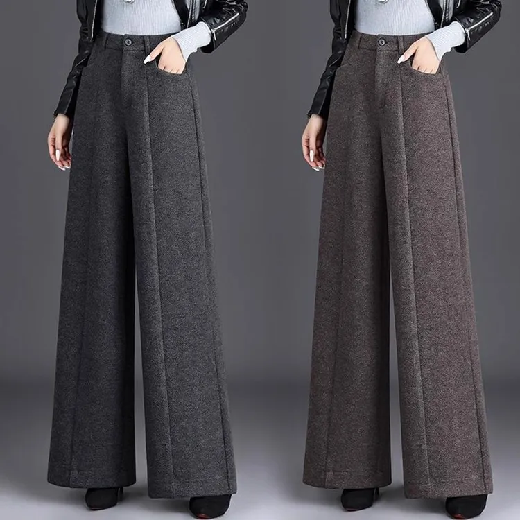 时尚高腰毛呢阔腿裤女2025秋冬新款垂感宽松百搭直筒长裤加厚裤子