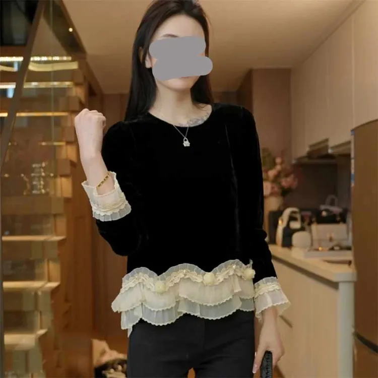 【情人伊梦】小众拼接花瓣褶皱设计上衣2025秋新款千金贵系女装衬衣