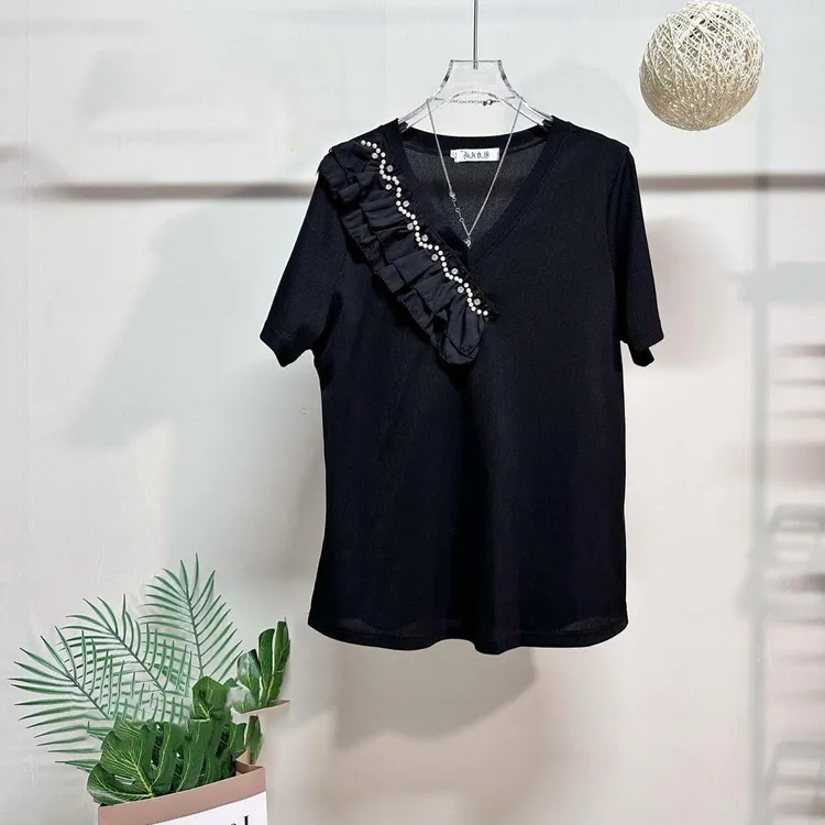 女装韩系爆款宽松显瘦V领打底T恤ol上衣胖MM休闲重工荷叶边短袖潮
