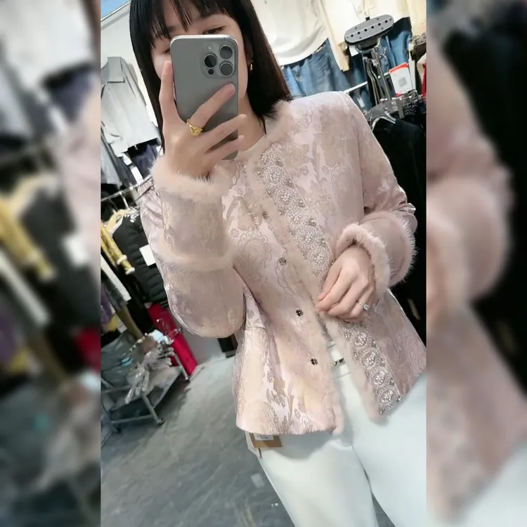 温柔休闲风毛毛边提花棉服外套女冬新高级感显瘦百搭外衣唐装上衣