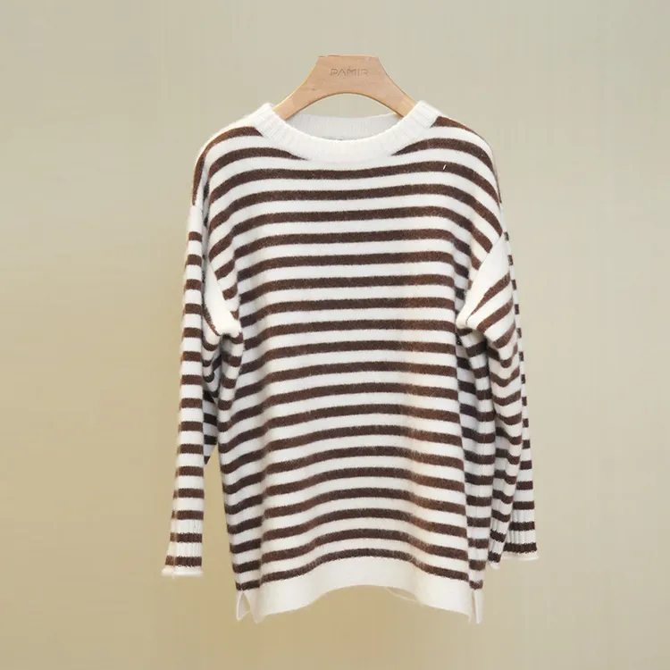 [叶可可]PAMIR秋冬拉绒系列女圆领条纹羊绒针织衫 LR037
