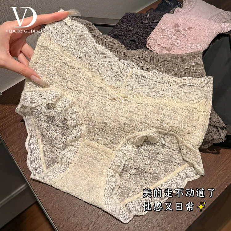 维多利亚中腰女生内裤蕾丝内裤性感诱惑纯棉抗菌档三角裤舒适薄款