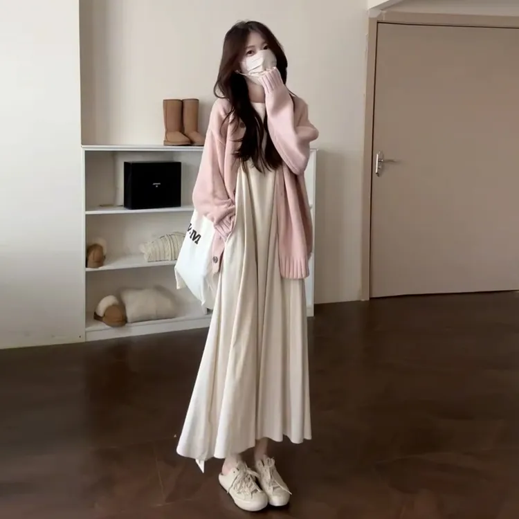 法式设计感无袖白色连衣裙女早秋2025新款收腰显瘦温柔风长裙套装
