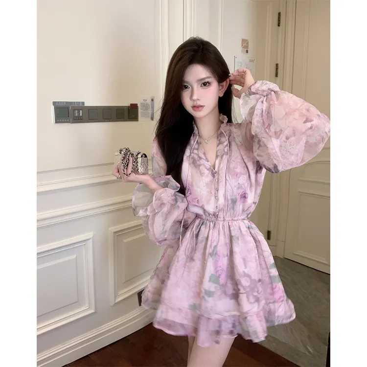 法式碎花v领长袖衬衫连衣裙女春季粉色修身短裙甜美收腰蓬蓬裙子