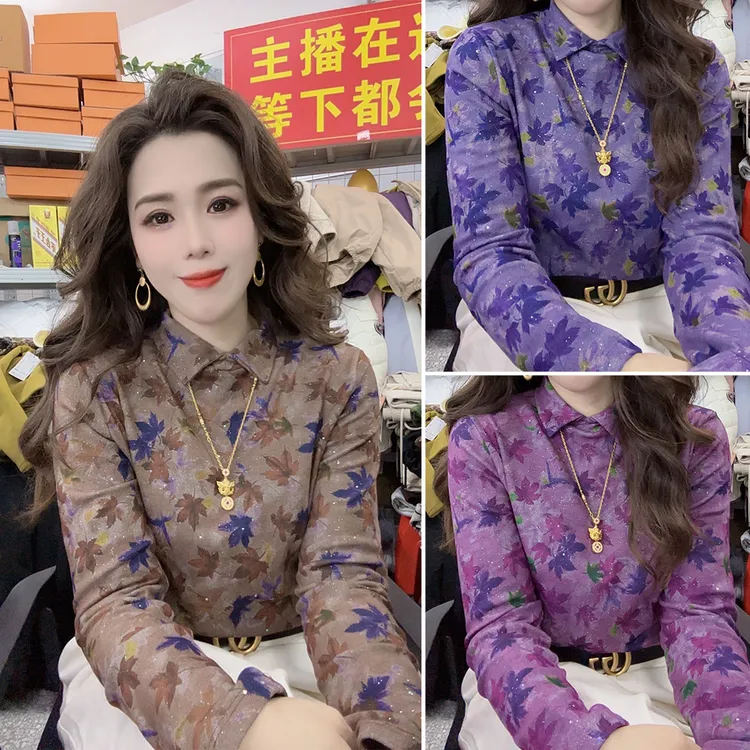 洒银工艺~双面慕斯枫叶印花翻领长袖！