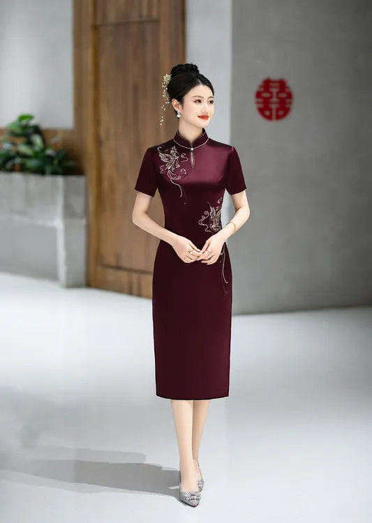 醋酸高档旗袍中式喜妈妈喜婆婆晚礼服婚庆晚宴参加婚礼连衣裙小个