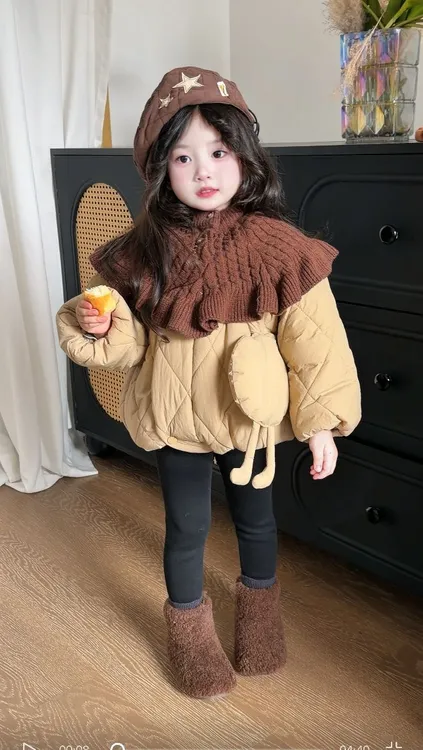 韩版2025冬女童加厚棉服外套儿童针织披肩两件套衣可爱棉服