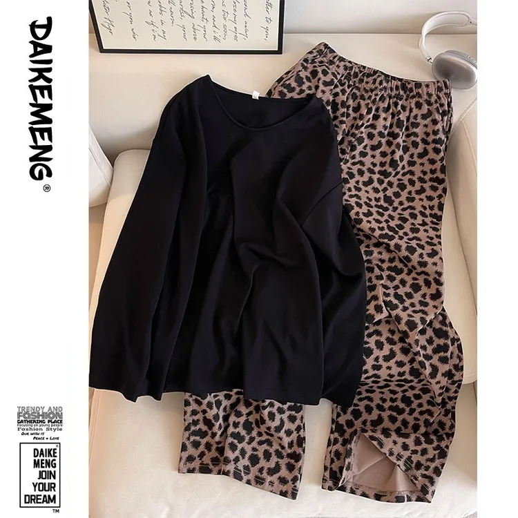 韩版宽松慵懒风长袖睡衣女士春秋新款休闲豹纹长裤家居服舒适套装