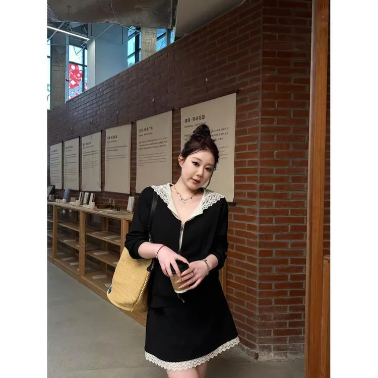 琪琪怪怪大码女装【公路探险家】蕾丝拼接精品上衣+半身裙T16166QD