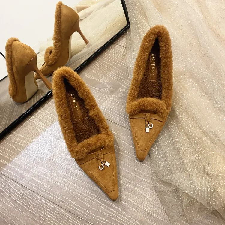 2025秋冬新款棕色尖头高跟鞋细跟单鞋毛毛鞋加绒女鞋