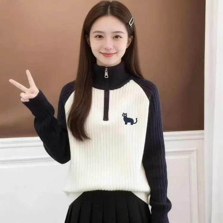 半拉链毛衣秋冬装女大童12岁13少女孩15初中生外穿加厚针织衫上衣