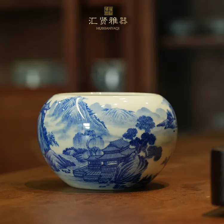 汇贤雅器青花重工山水建水950cc手工纯手绘茶器查周边水洗水渣斗