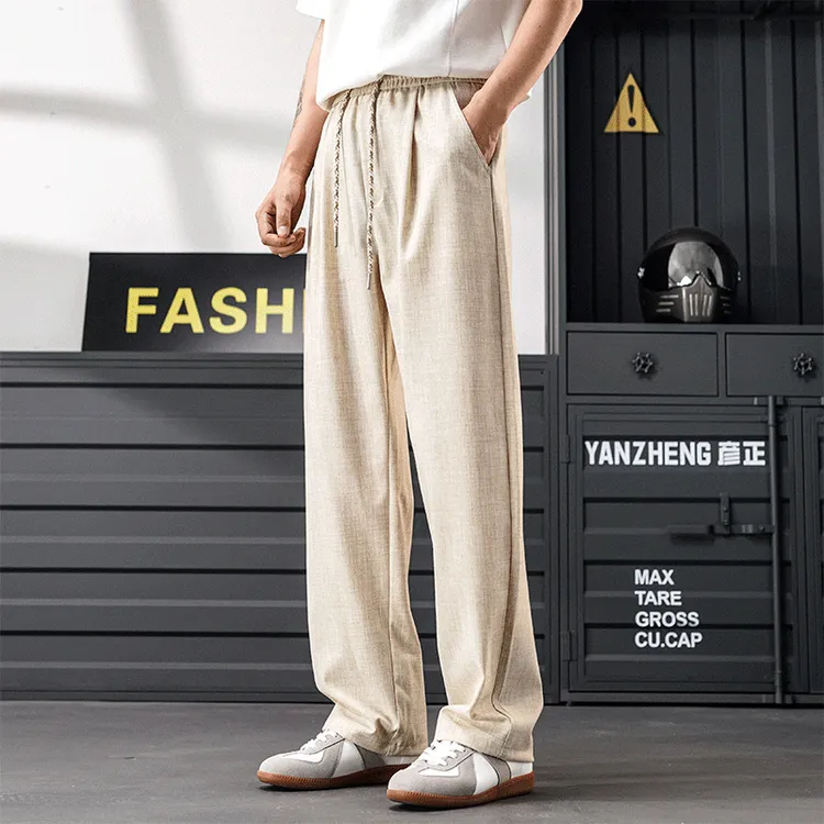 彦正2025夏季薄款透气休闲裤男复古百搭宽松显瘦直筒垂坠感阔腿裤