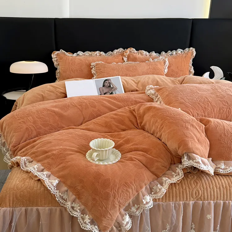 不老的爷爷韩版玫瑰雕花加绒双面绒加厚牛奶绒四件套夹棉床裙QY