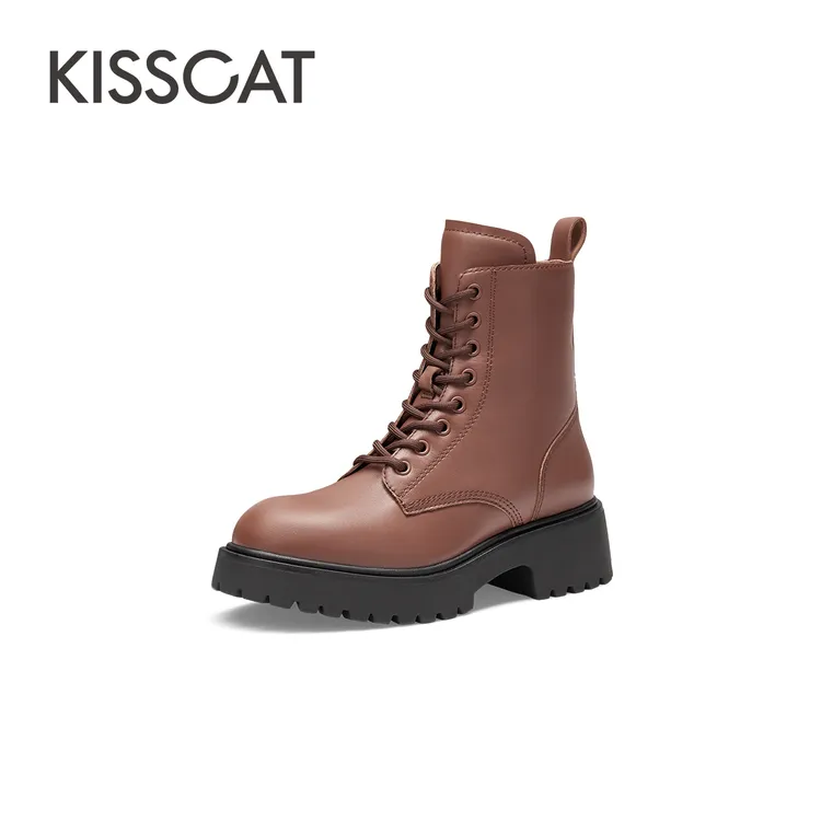 【商场同款】接吻猫新款增高真皮时尚休闲马丁靴女KA43620-50