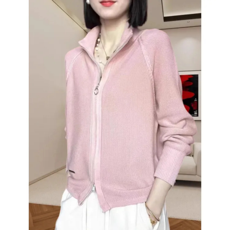 2025时尚针织衫女秋冬新款立领双拉链纯色开衫毛衣洋气休闲打底衫