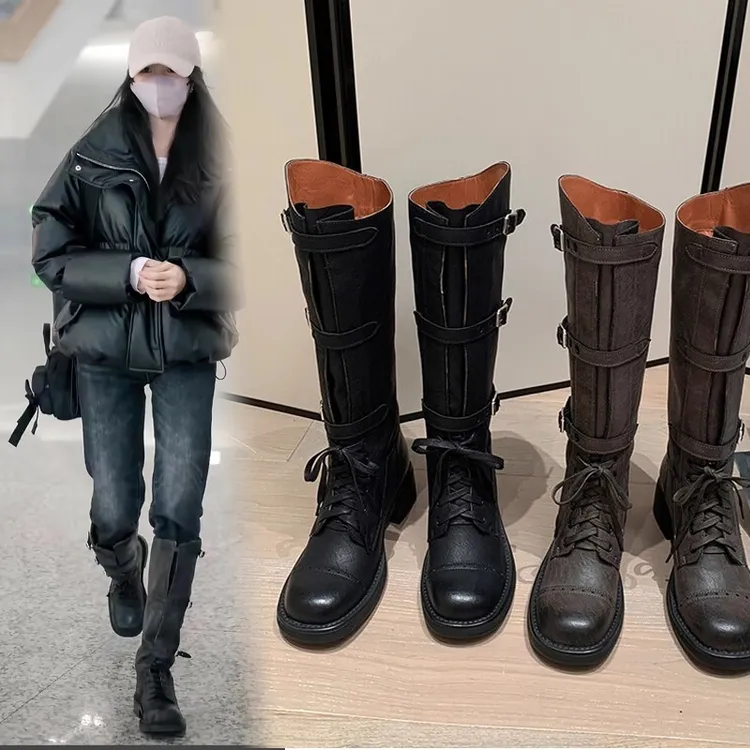 陷入我们的热恋刘浩存徐栀同款小个子长靴真皮百搭单靴百搭皮带扣