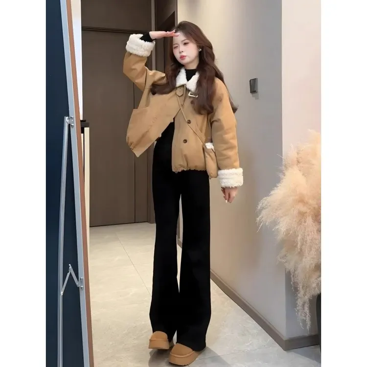 【焦糖栗子】韩系气质显瘦羊羔毛拼接棉服女装冬季加厚保暖翻领棉衣